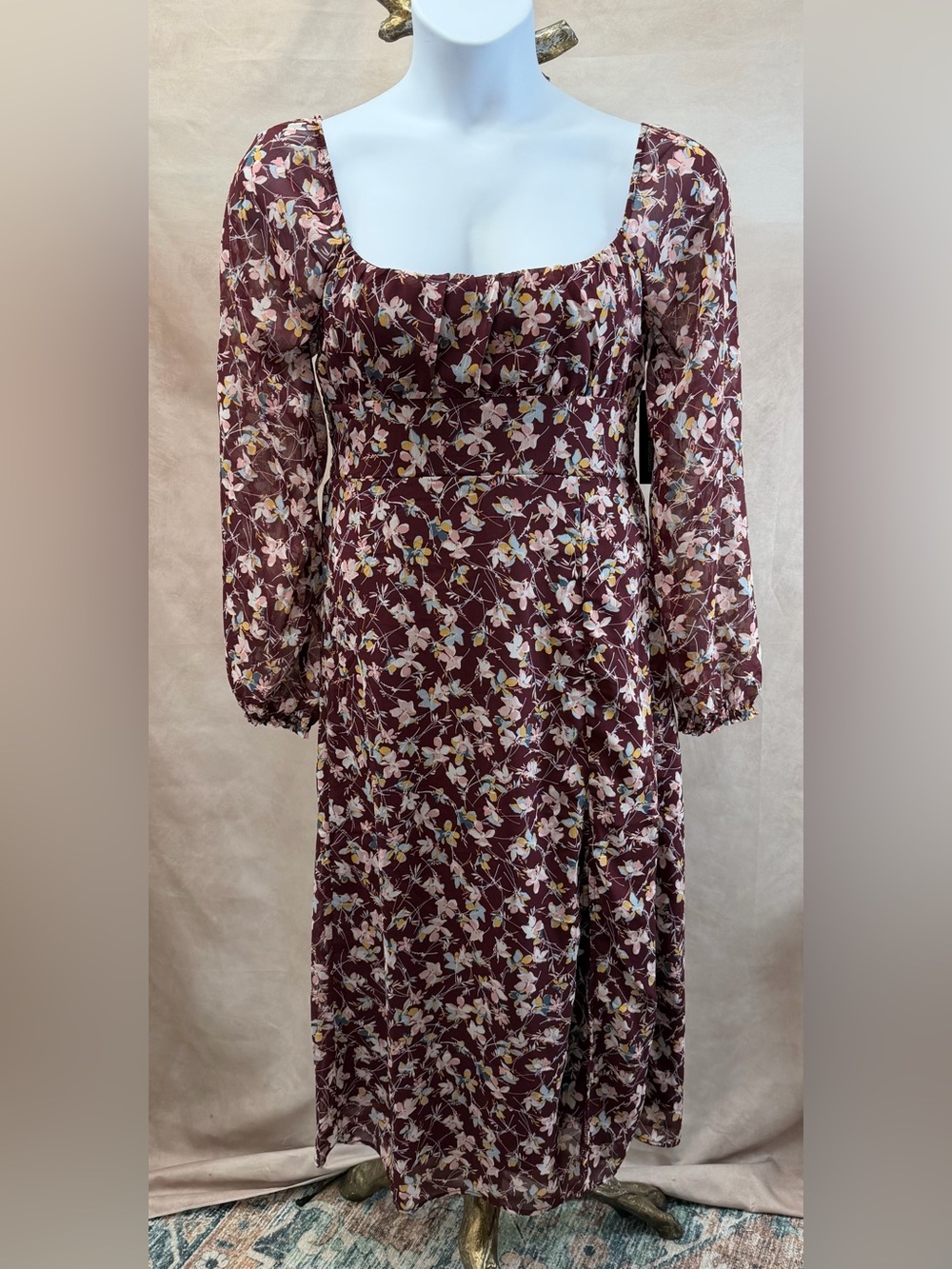 NWT Derek Heart Chiffon Mauve, Blue & Gold Floral Peasant Midi Dress Size L